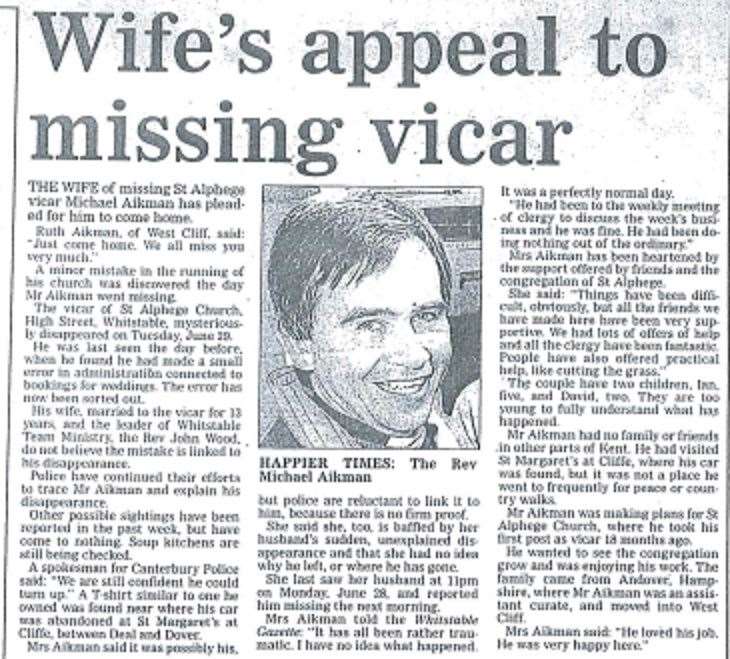 The Rev Michael Aikman's wife Ruth made a plea in the Whitstable Gazette for her husband to come home