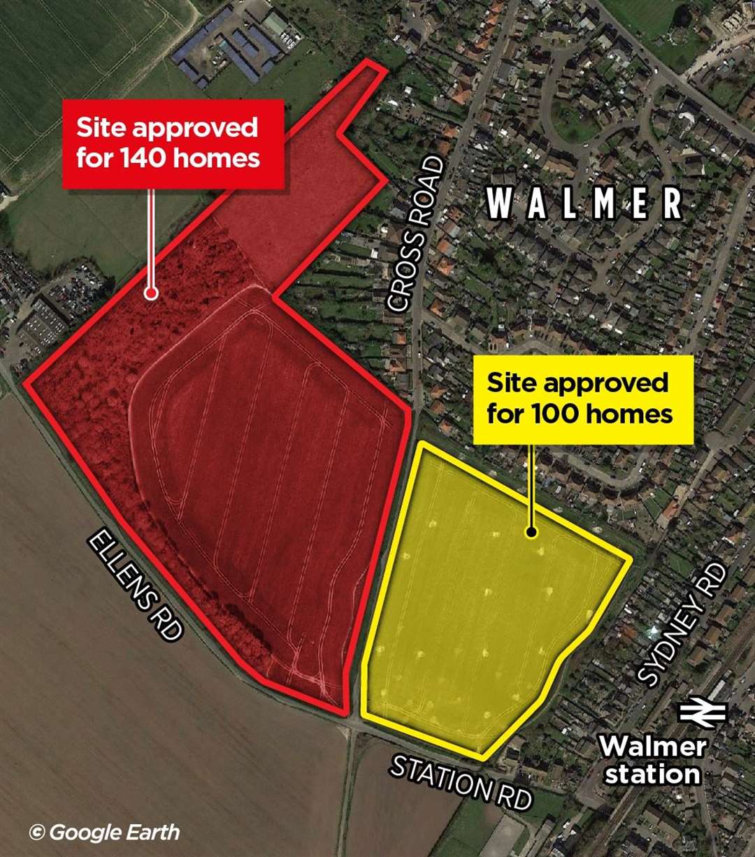 The sites on either side of Cross Road in Walmer near Deal are subject to two separate developments