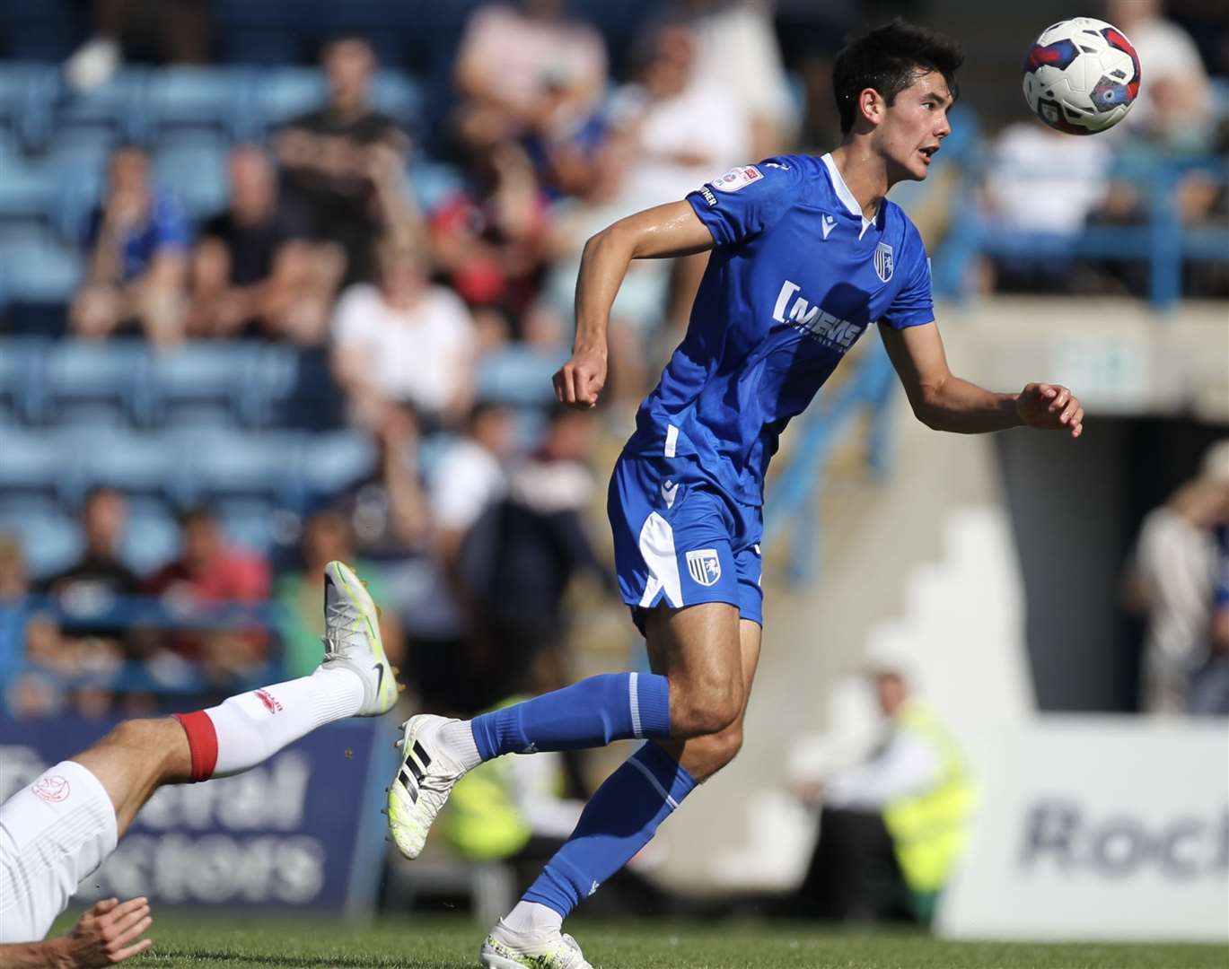 Elkan Baggott drives forward for the Gills at Priestfield. Picture: KPI