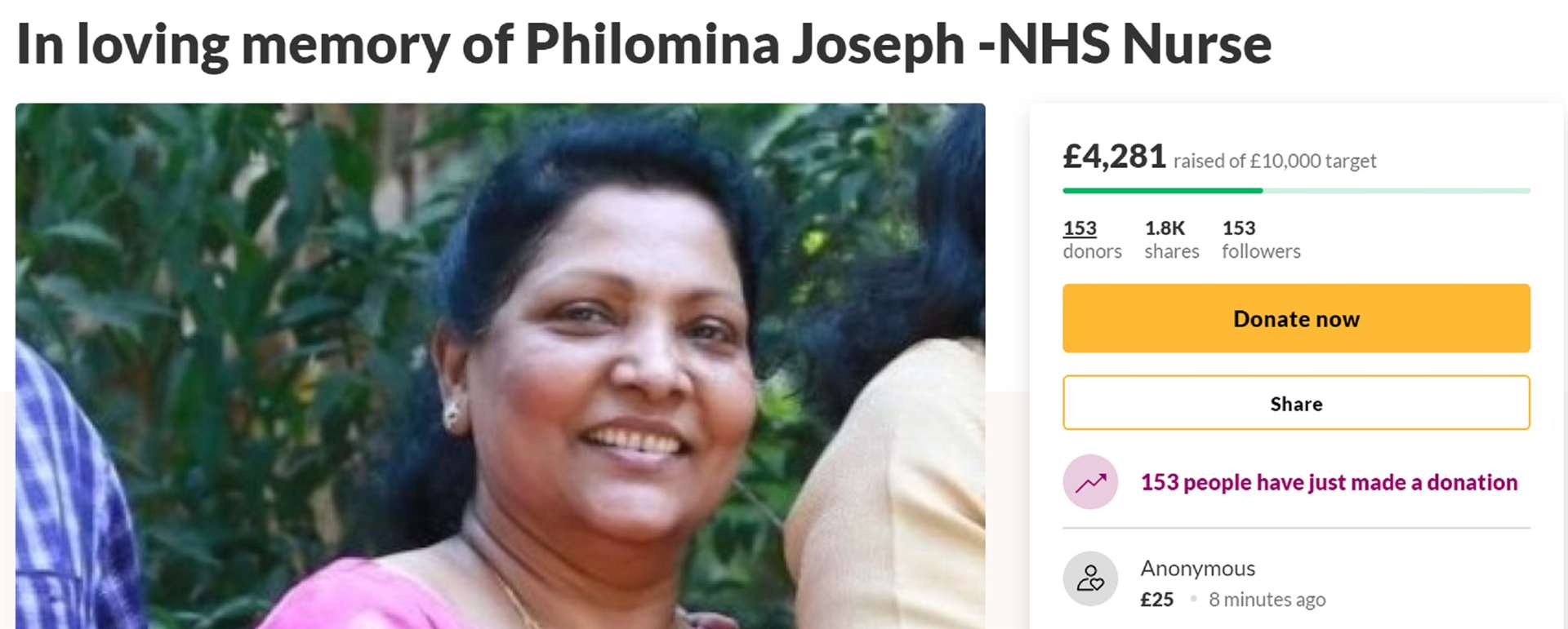 The GoFundMe page set up to help pay for the memorial of Philomina Cherian (GoFundMe)