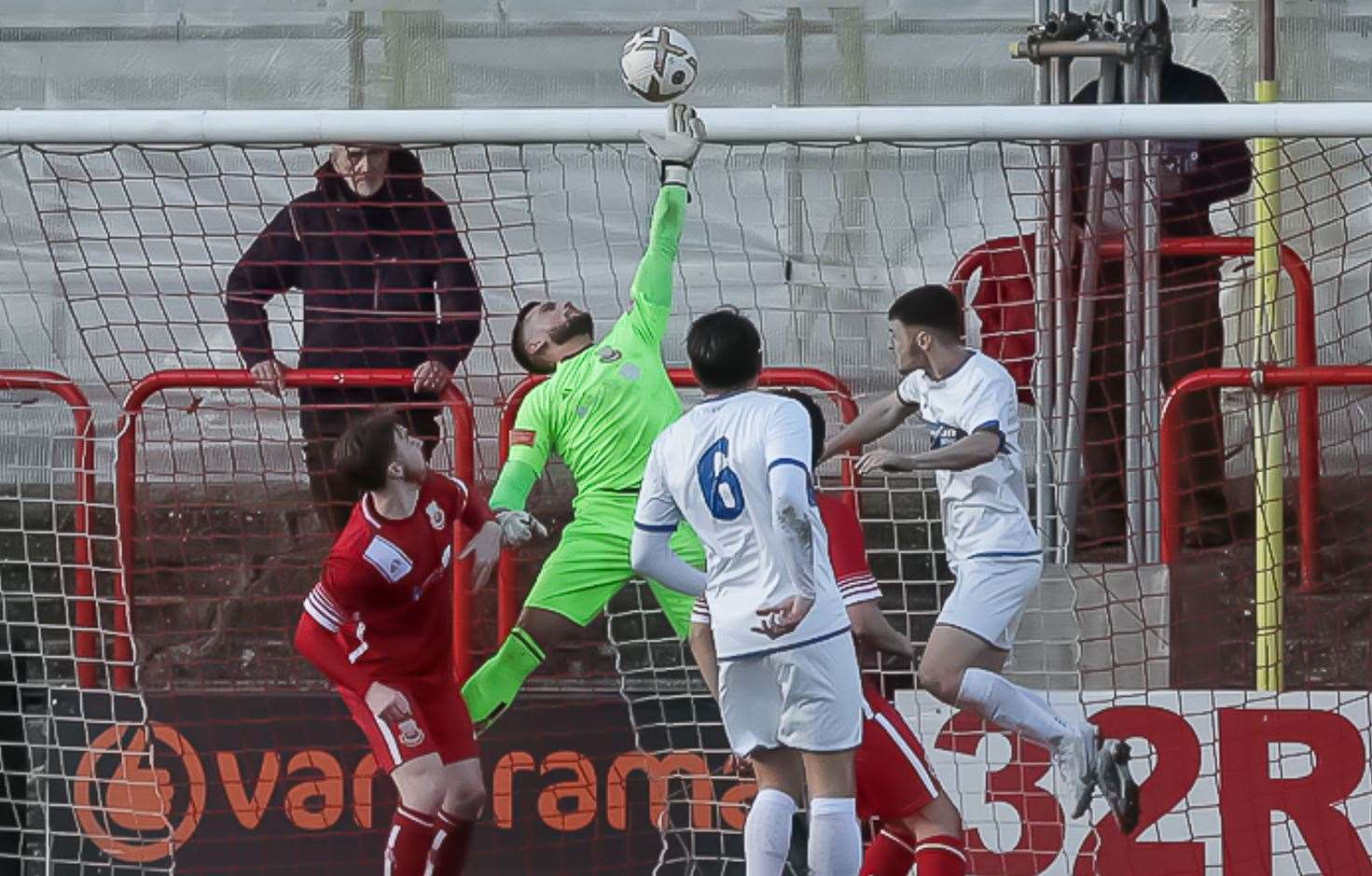 Dan Eason, in the away goal, saves. Picture: Les Biggs