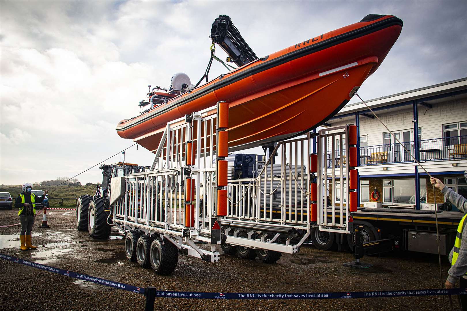 The new Atlantic 85 being delivered at Littlestone. Photo: RNLI/Gavin Munnings