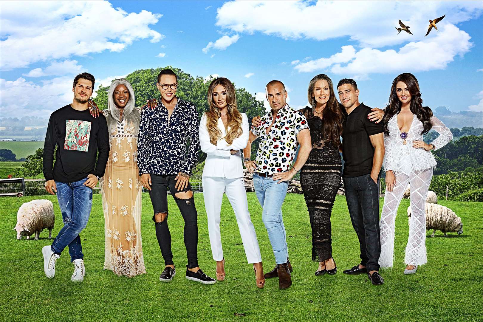 The Celebs on the Farm contestants, from left, Gleb Savchenko, Sandi Bogle, Bobby Norris, Megan McKenna, Louie Spence, Lorraine Chase, Ashley McKenzie, Charlotte Dawson. Picture: Channel 5