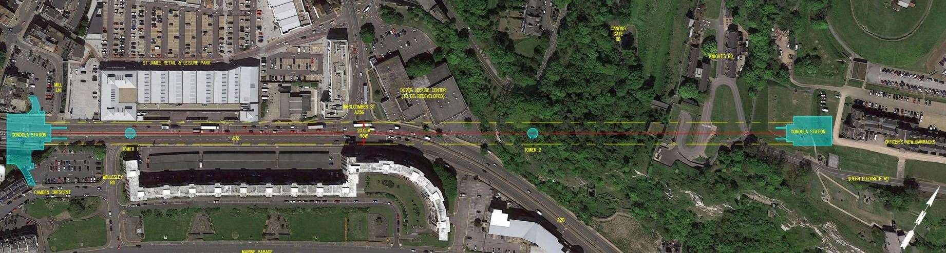 Map shows the initial route planned for the cable car.Photo: DDC documents