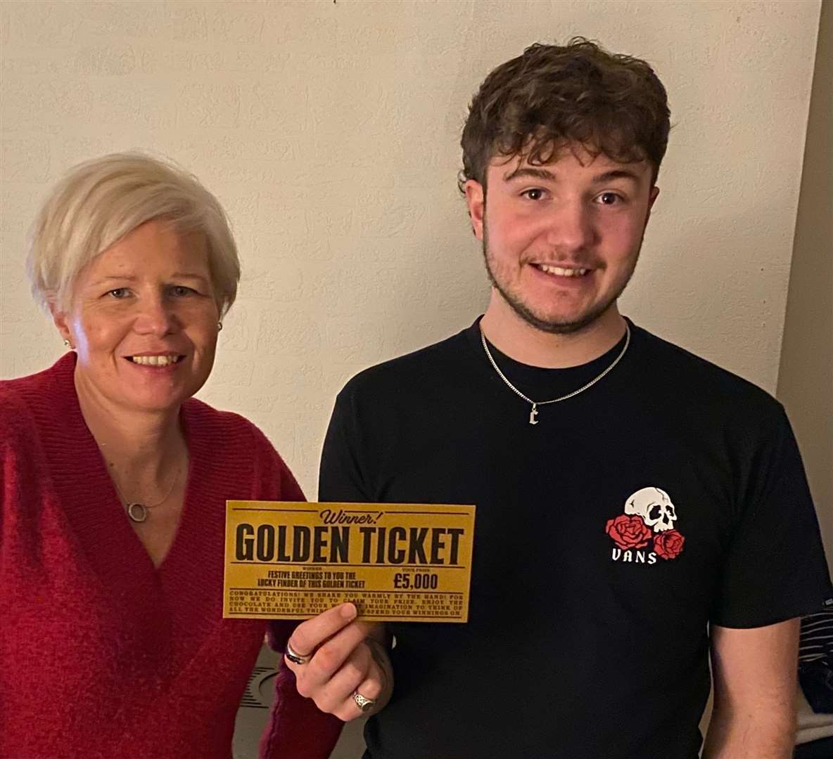 Kate Sutton bought the chocolate bar for her son only to discover it had a golden £5,000 ticket inside