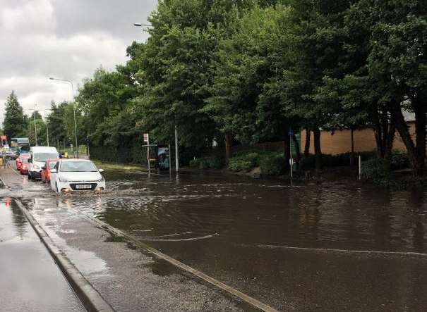 The A20 London Road at Aylesford is flooded. Pic courtesy of @miketango901