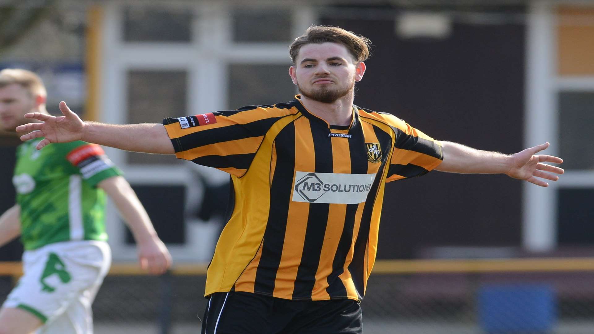 Ashley Miller celebrates scoring for Folkestone Picture: Gary Browne