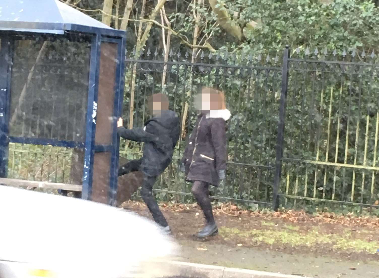 These students were caught on camera vandalising a bus shelter on Linton Hill.