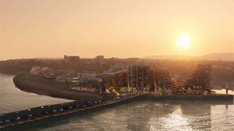 CGIs show the proposed Folkestone seafront development – stretching from the Shoreline Crescent flats on the left, to the tower blocks on the harbour arm car park on the right