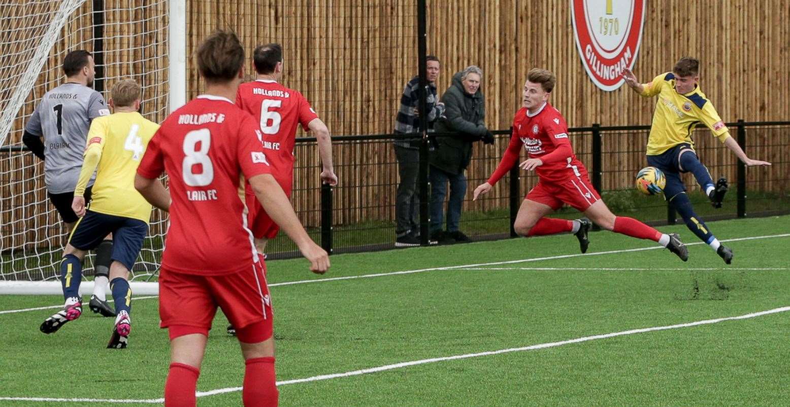 Harry O'Donnell scores against against Hollands & Blair during Monday's 3-2 win. Picture: Les Biggs