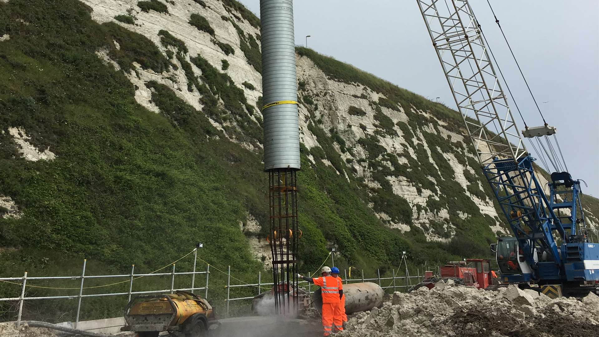 A pile cage ready to be put in place at the Dover to Folkestone line repairs in the Shakespeare cliff and beach area.