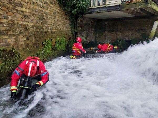 Police marine unit searching the River Dour in Dover after Derek O’Hare was stabbed to death by Ajay Porter