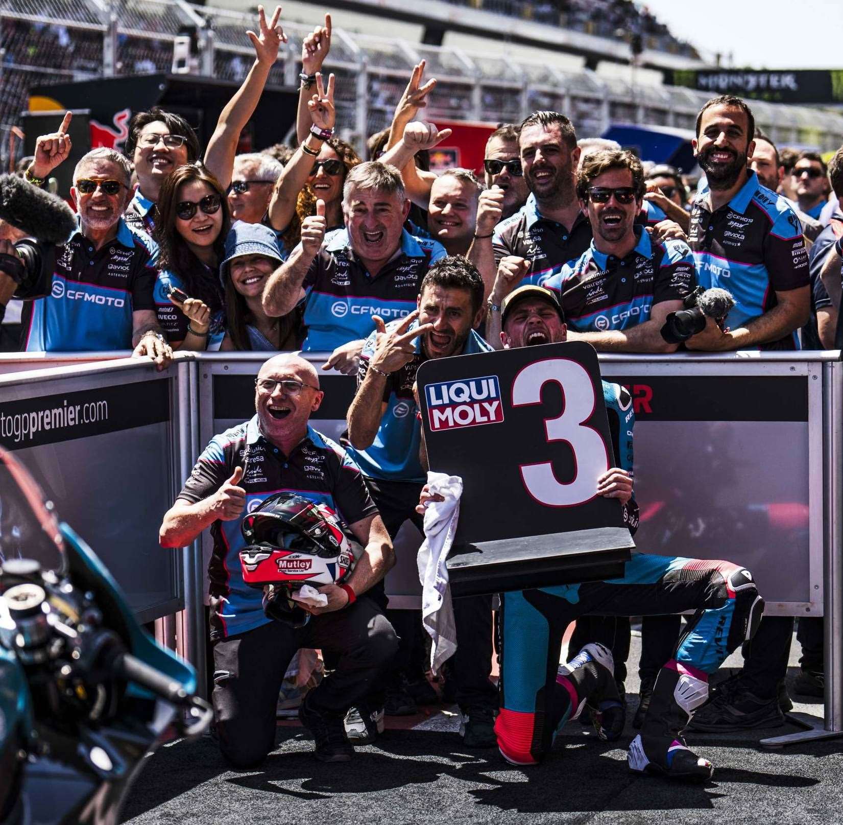 Dover's Jake Dixon celebrates his return to the Moto2 podium at Catalunya. Picture: Aspar Team