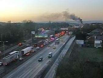 The lorry on fire on the M25 near Junction 2 for the A2. Picture: National Highways