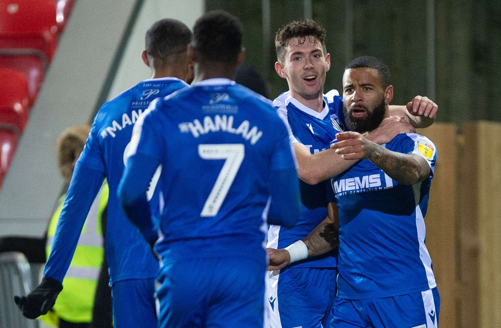 Alex Jakubiak is joined by team-mates after his late leveller at Fleetwood Picture: Ady Kerry