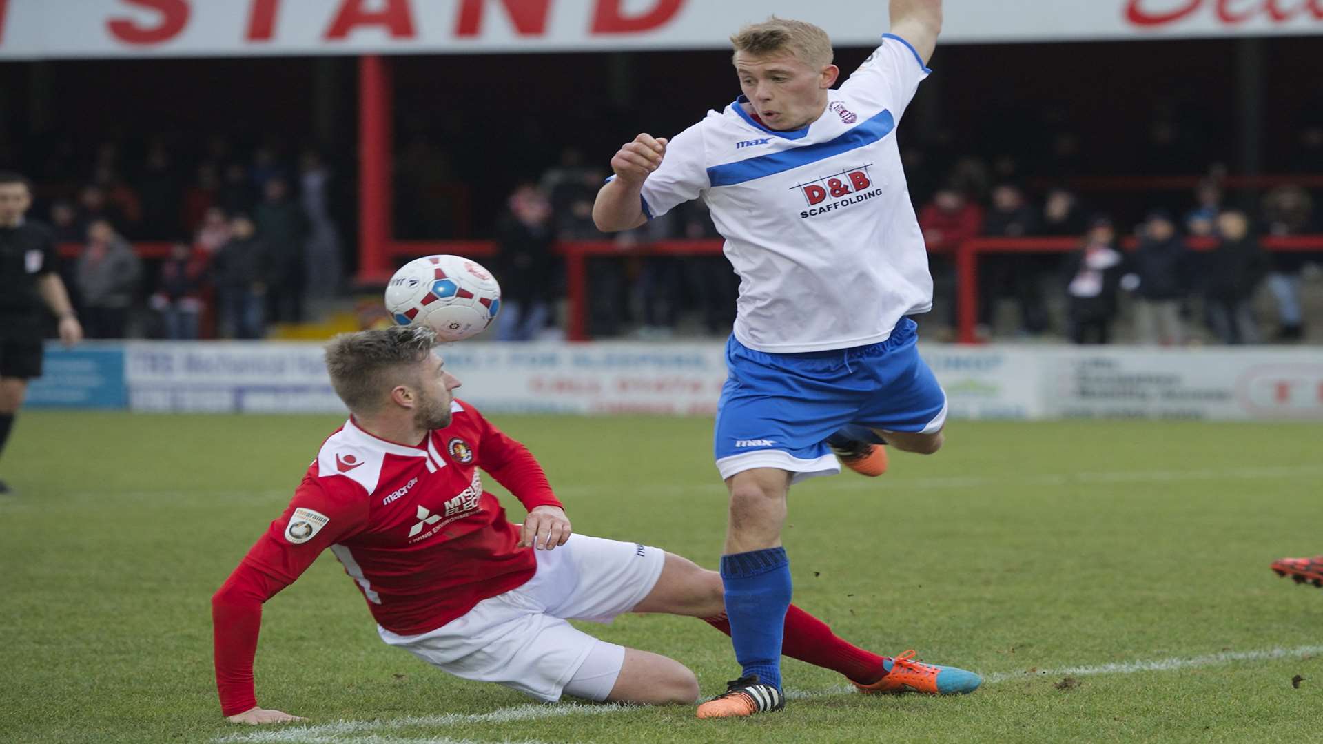 Dean Pooley goes to ground in the box Picture: Andy Payton