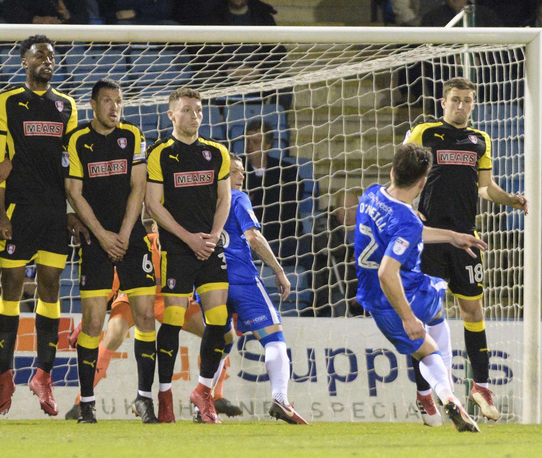 Luke O'Neill blasts a free kick around the Rotherham wall Picture: Andy Payton