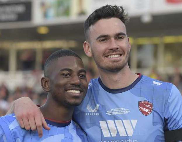 Nathan Gilchrist and close friend Tawanda Muyeye after the Spitfires win the 2022 Royal London One-Day Cup. Picture: Barry Goodwin