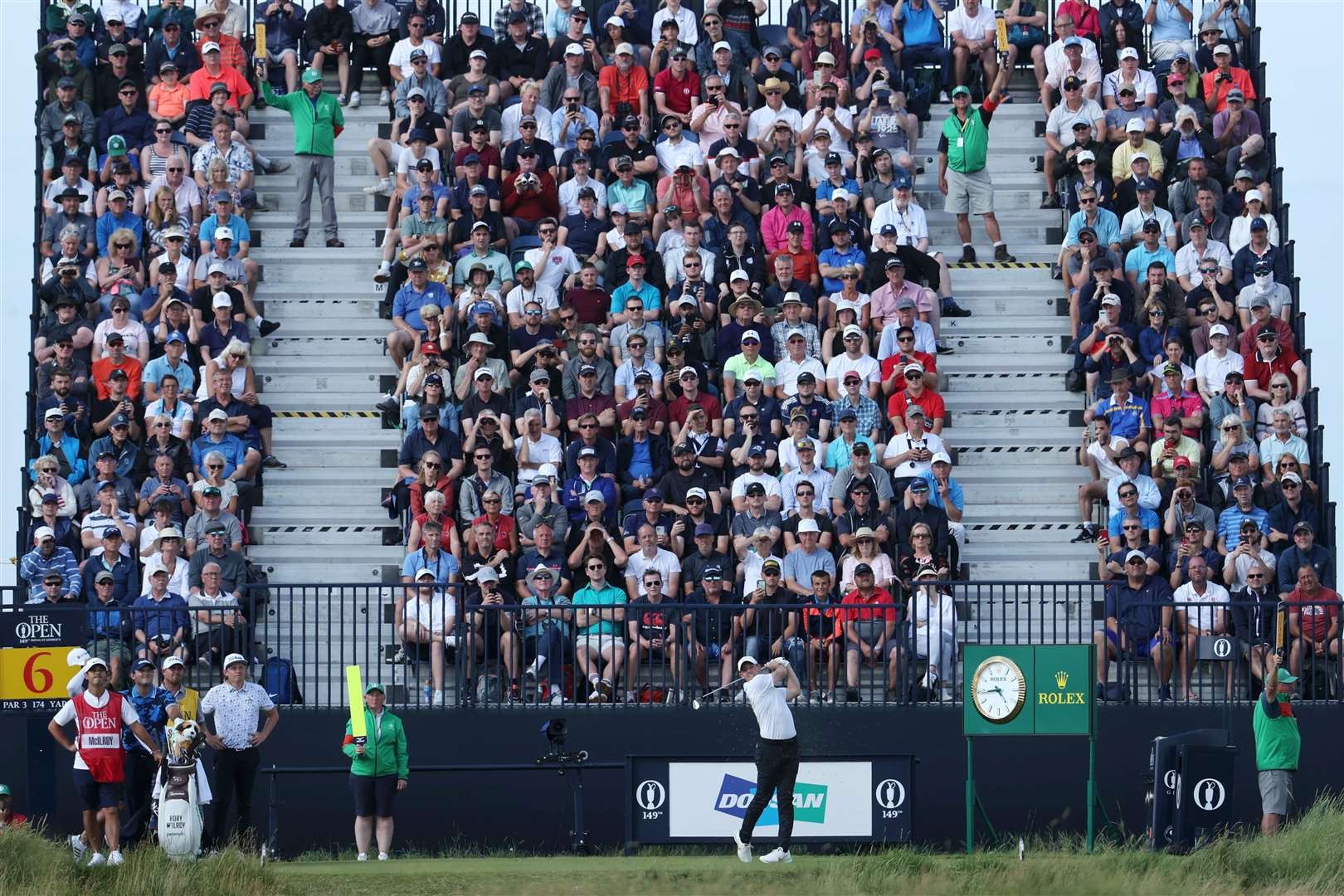 Rory McIlroy of Northern Ireland tees off on the 6th hole Photo by Warren Little/R&A/R&A via Getty Images