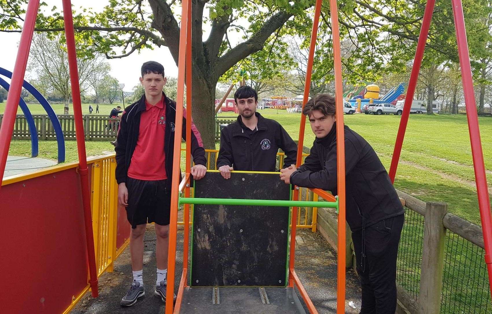 From left, park supervisor Barney Simmons, director Ryan Hayman and supervisor Charlie Lambert guarding the swing