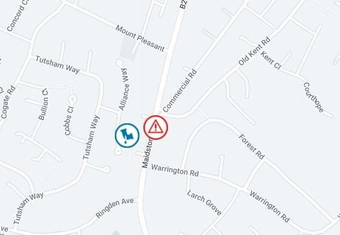 Burst water pipe at Paddock Wood. Map by South East Water