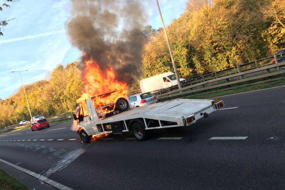 A car transporter was alight. Picture: Viking Recovery and Dismantlers