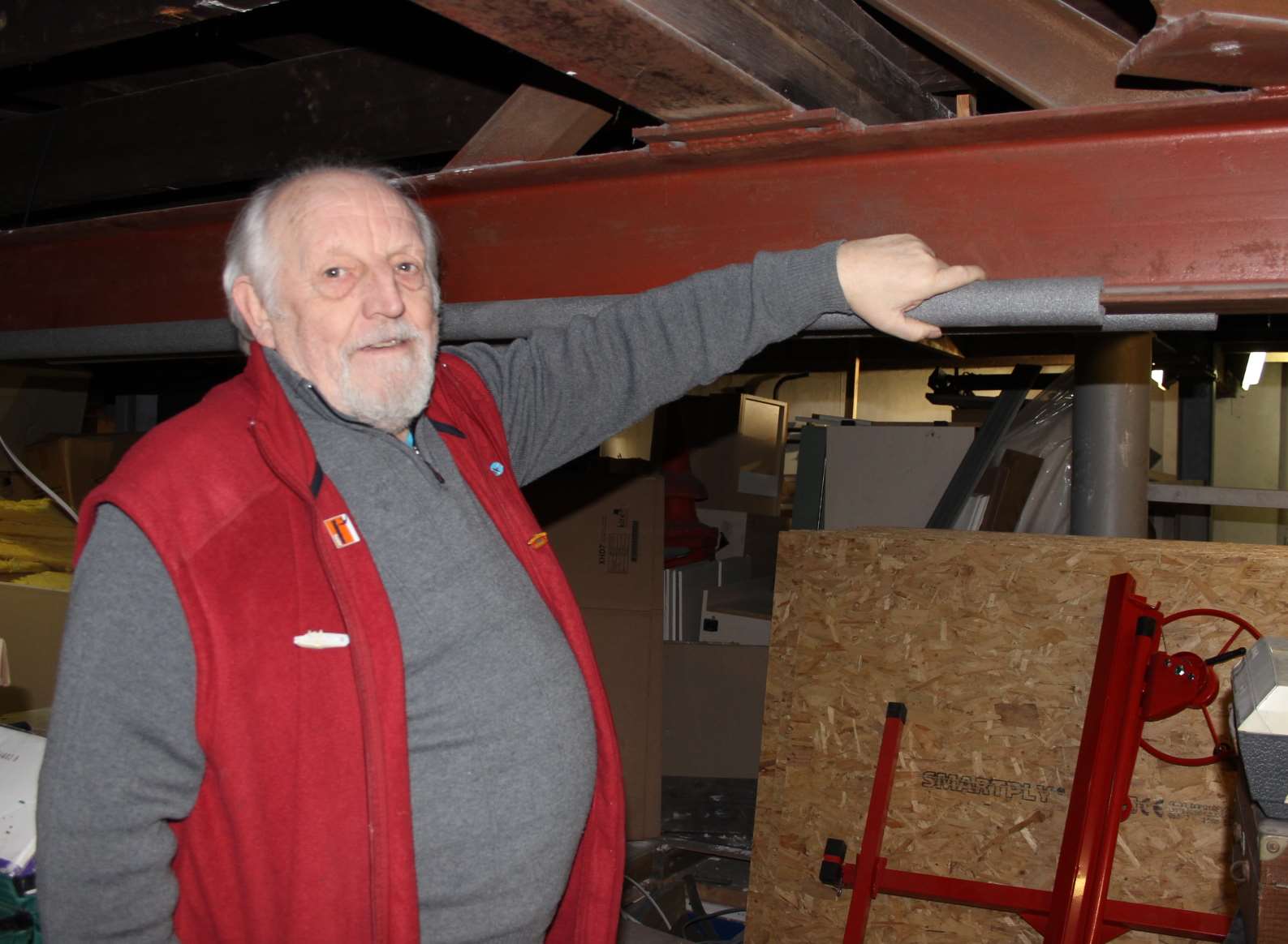 Ian Hurkett with a giant steel beam which has to come out.