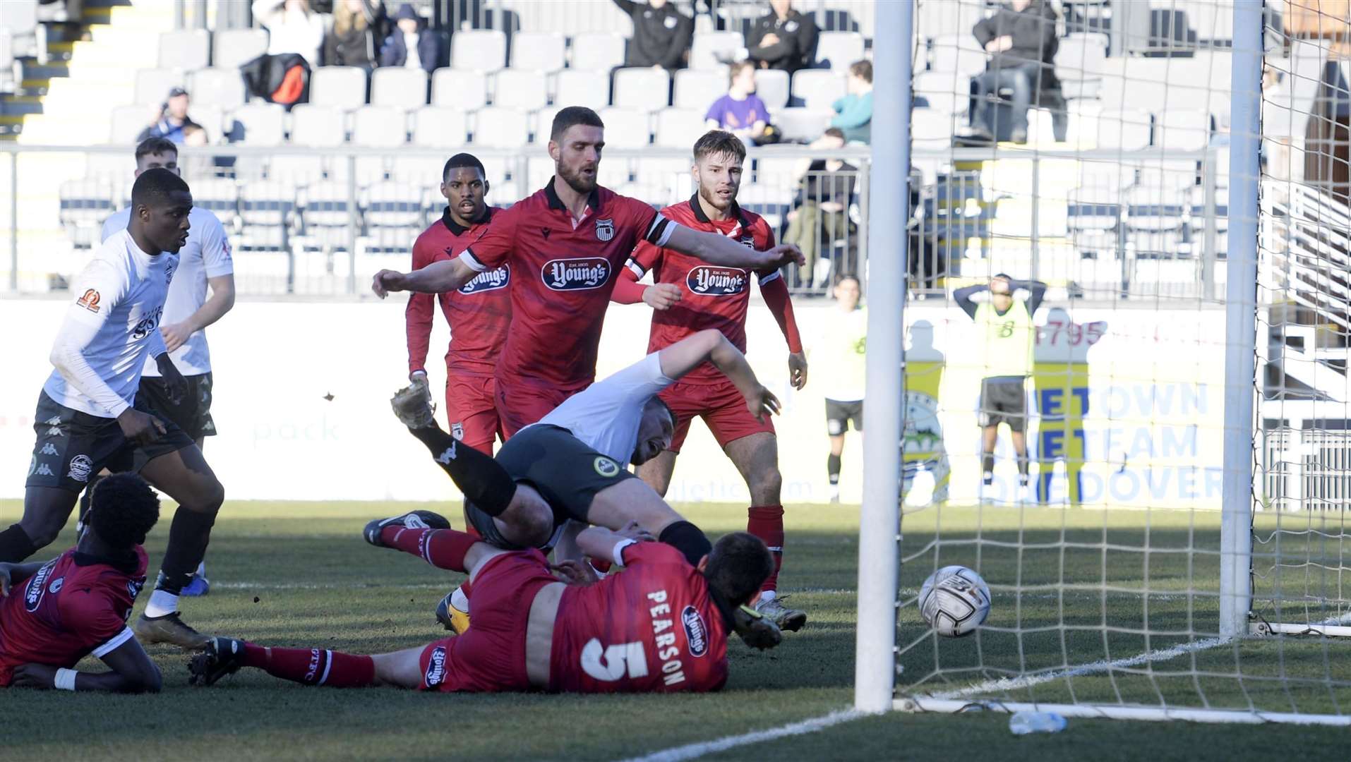 Jake Goodman scores Dover's only goal against Grimsby on Saturday. Picture: Barry Goodwin (55133390)