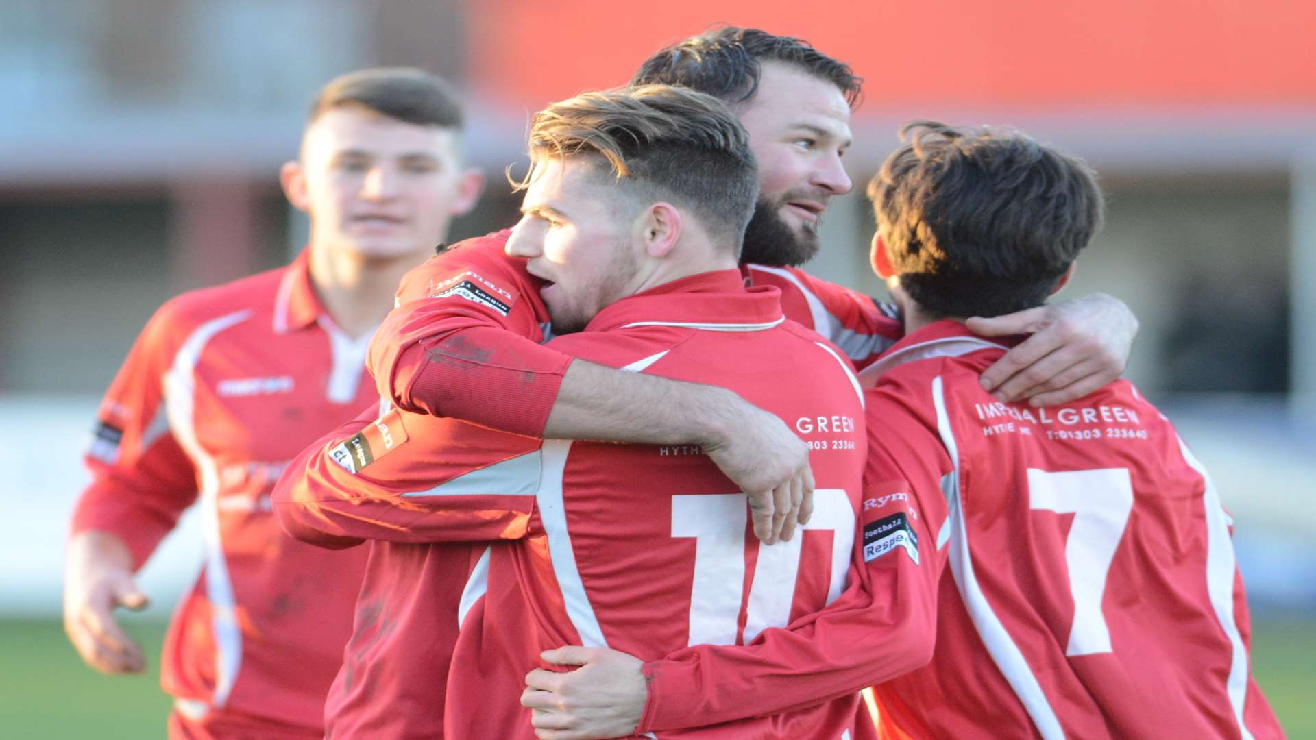 Ashley Miller celebrates scoring for Hythe against East Grinstead. Picture: Gary Browne