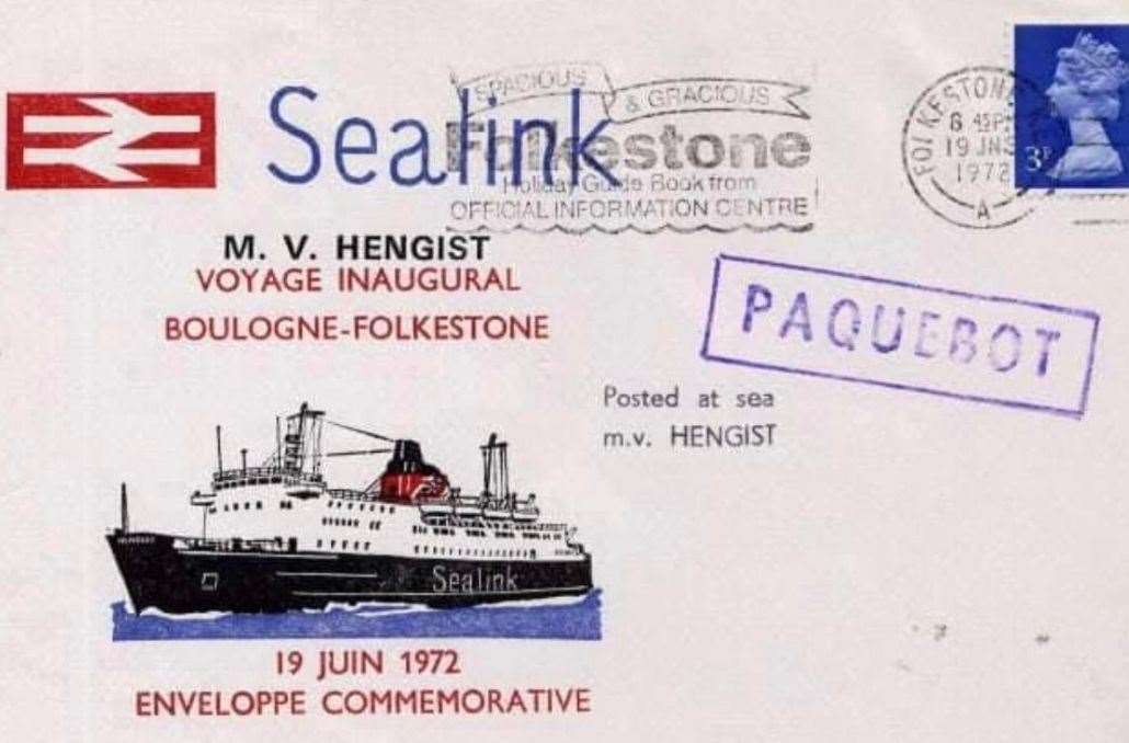 An envelope commemorating the inaugural sailing of the Sealink Ferry Hengist on the Boulogne-Folkestone route on June 19, 1972