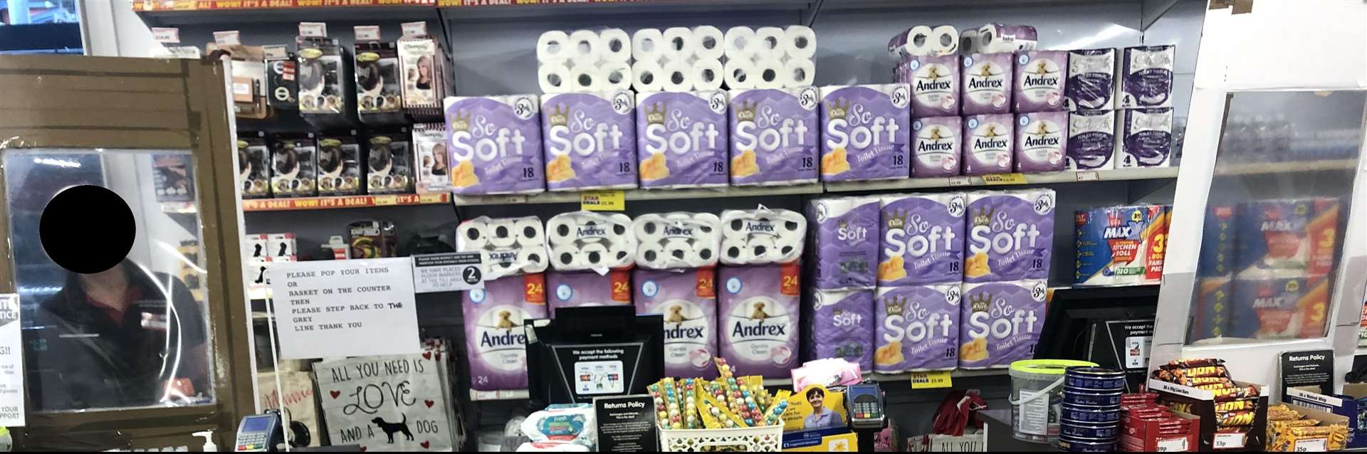 The tills at Poundstretcher, in Chatham Dockside, with makeshift shields at tills