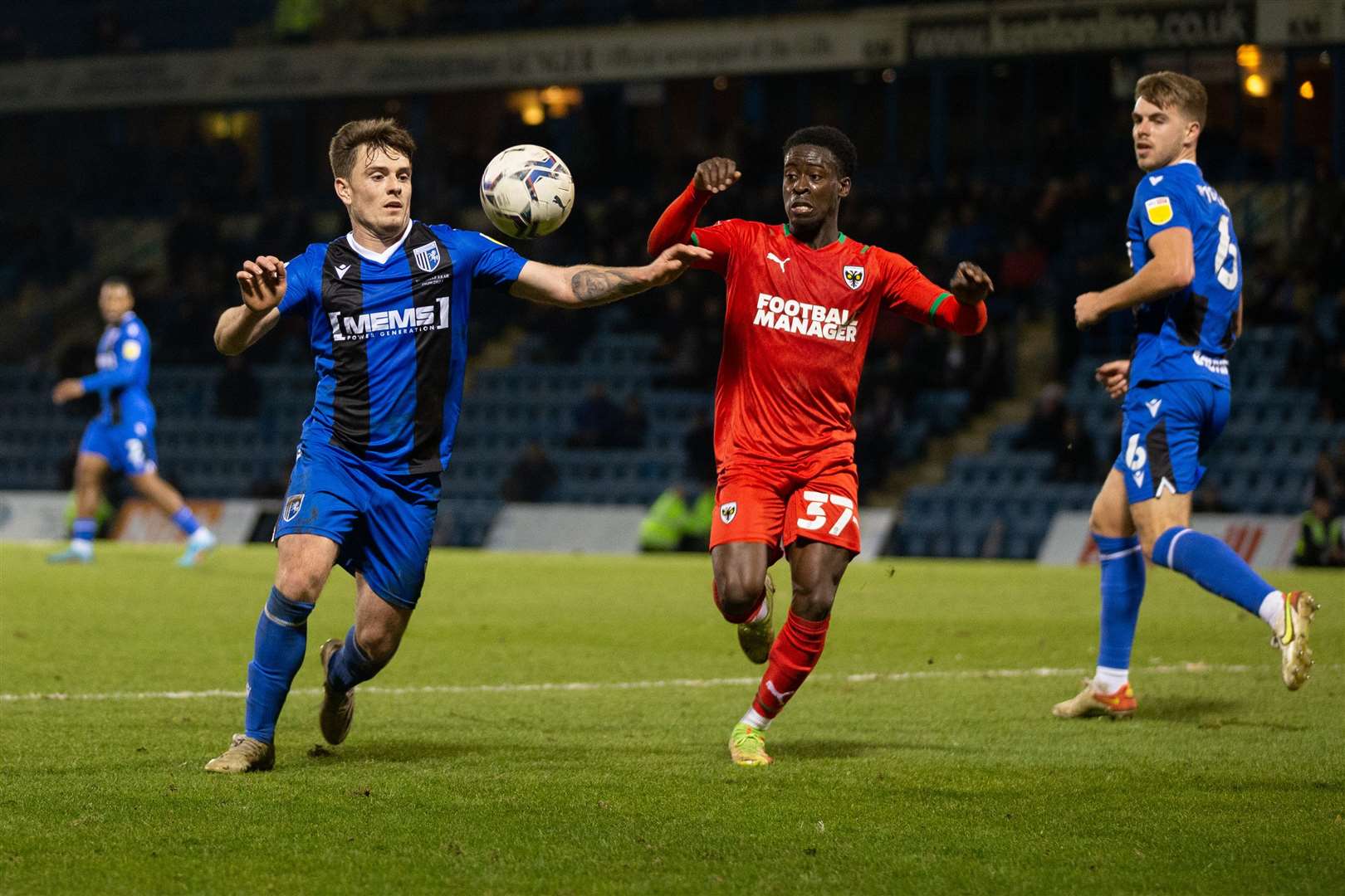 Ben Thompson looking to get on the ball as Jack Tucker looks on. Picture: KPI