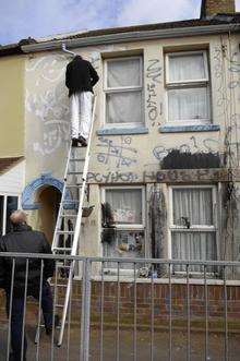 Work begins on the clean up of the graffiti house in Pavilion Road, Folkestone