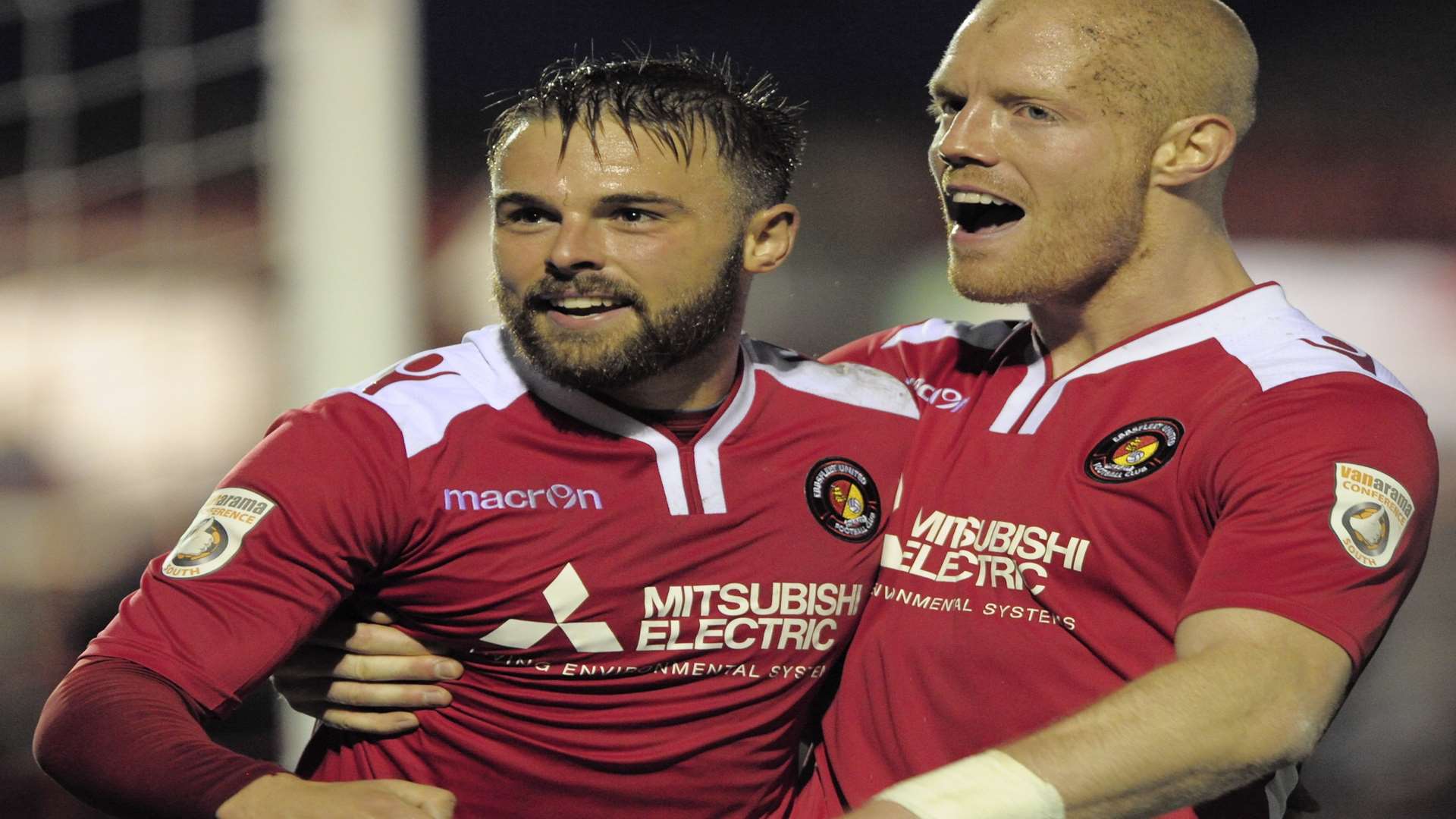 Matty Godden celebrates his second goal with defender Kenny Clark Picture: Andy Payton