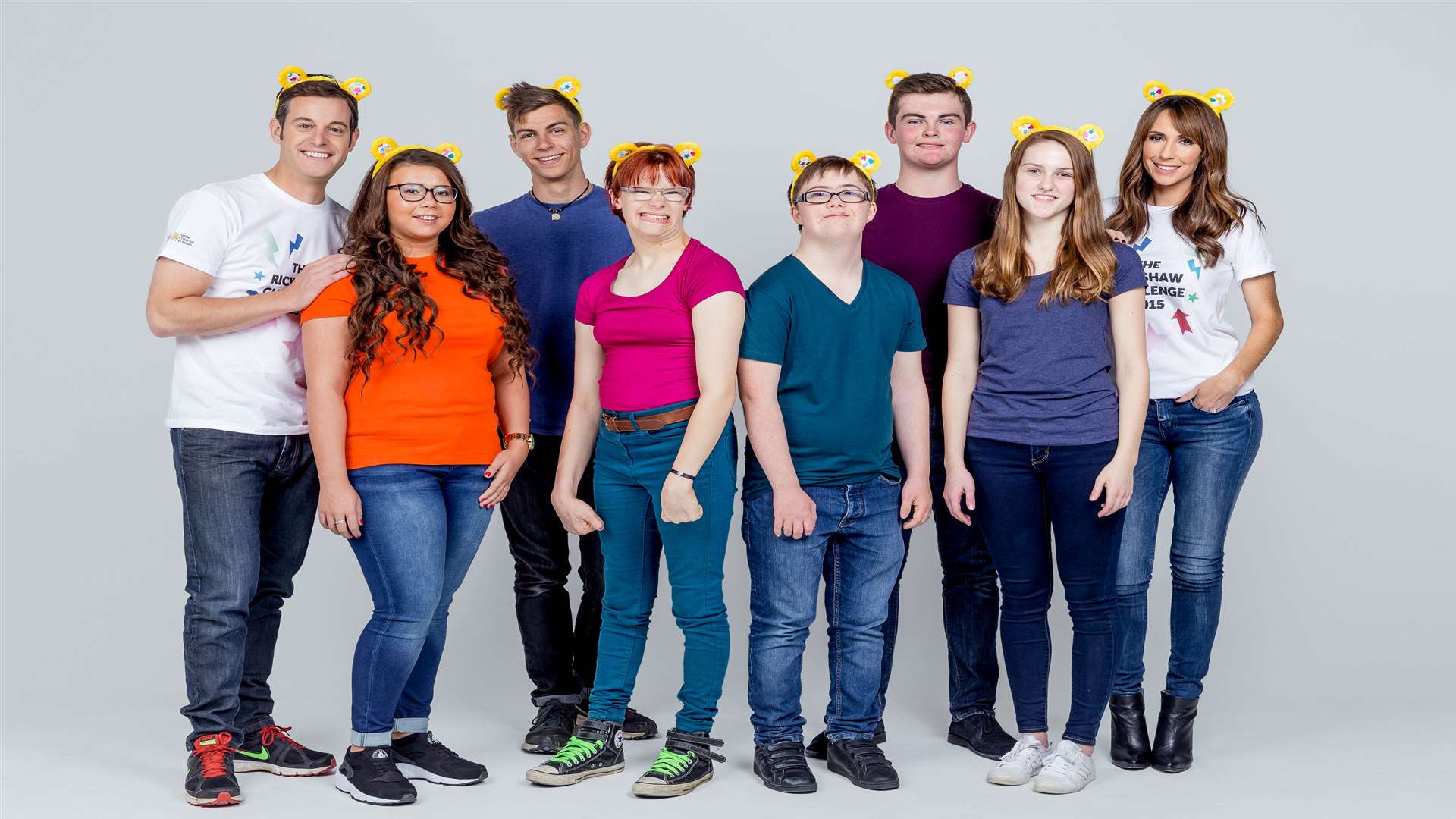 The One Show's Matt Baker and Alex Jones with the six young participants in the Rickshaw Challenge. Picture: BBC.