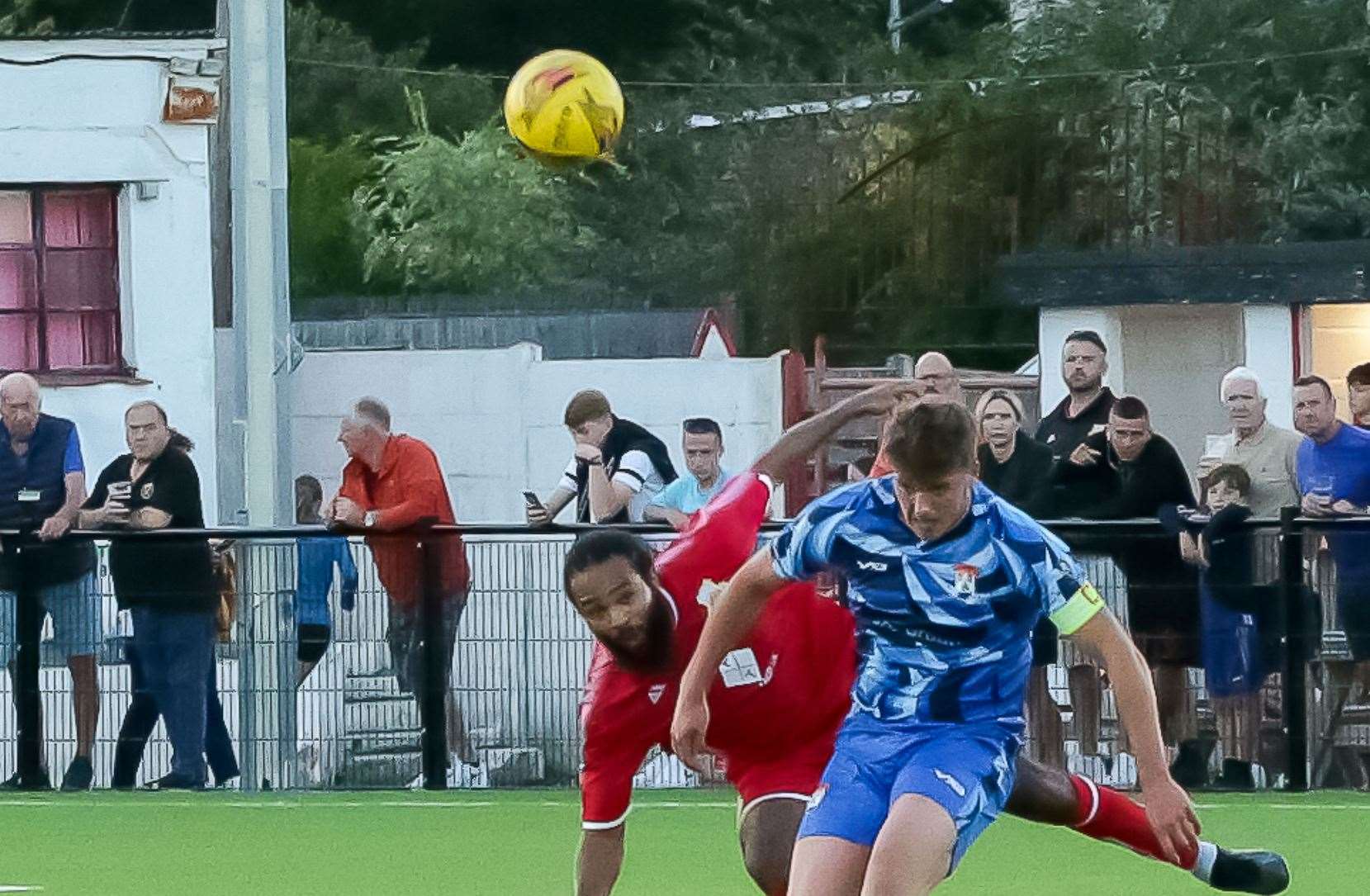 Whitstable's Ben Cheklit and Lordswood skipper Archie Risdon battle for the ball. Picture: Les Biggs