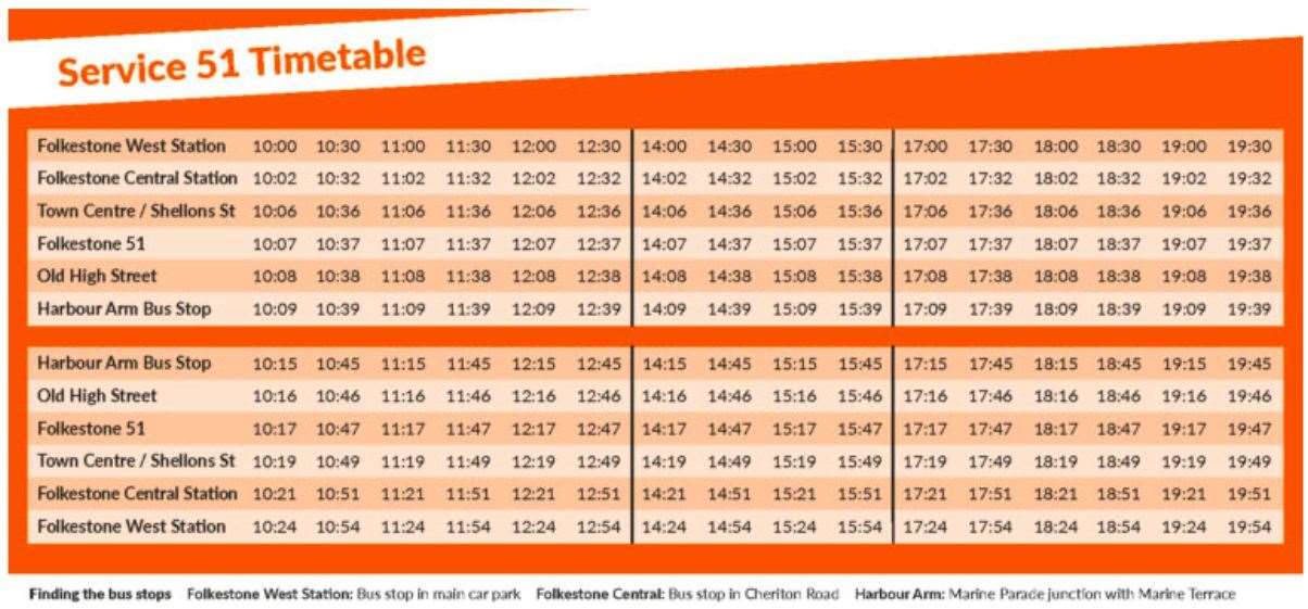 A timetable of Folkestone's new 'Reach the Beach' service