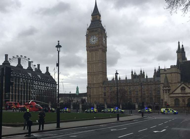 Police and the air ambulance outside Parliament. Picture: Katharina Schoffman.