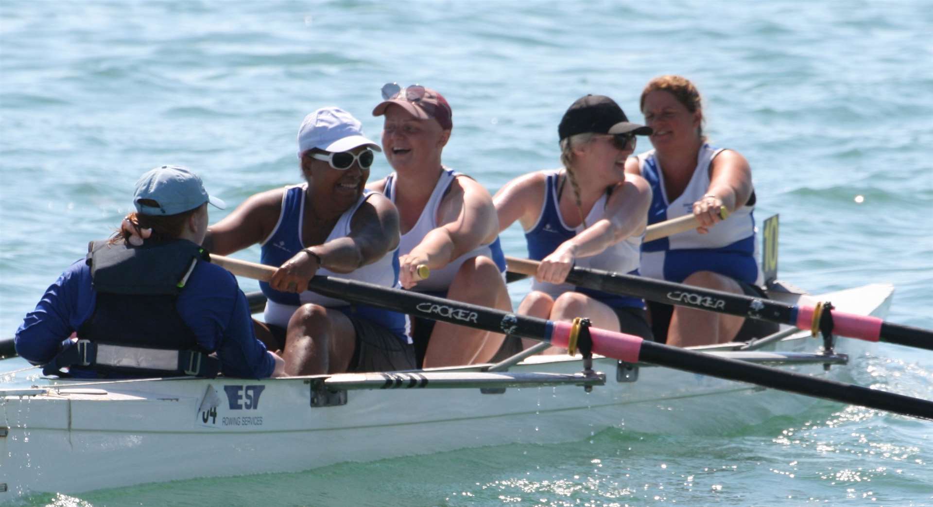 Novice Ladies Four heading to the start line for Dover - Freya Emmerson (cox), Cannelle Ulyatt, Holly Hannington, Emily Harvey, and Emma Sawkins