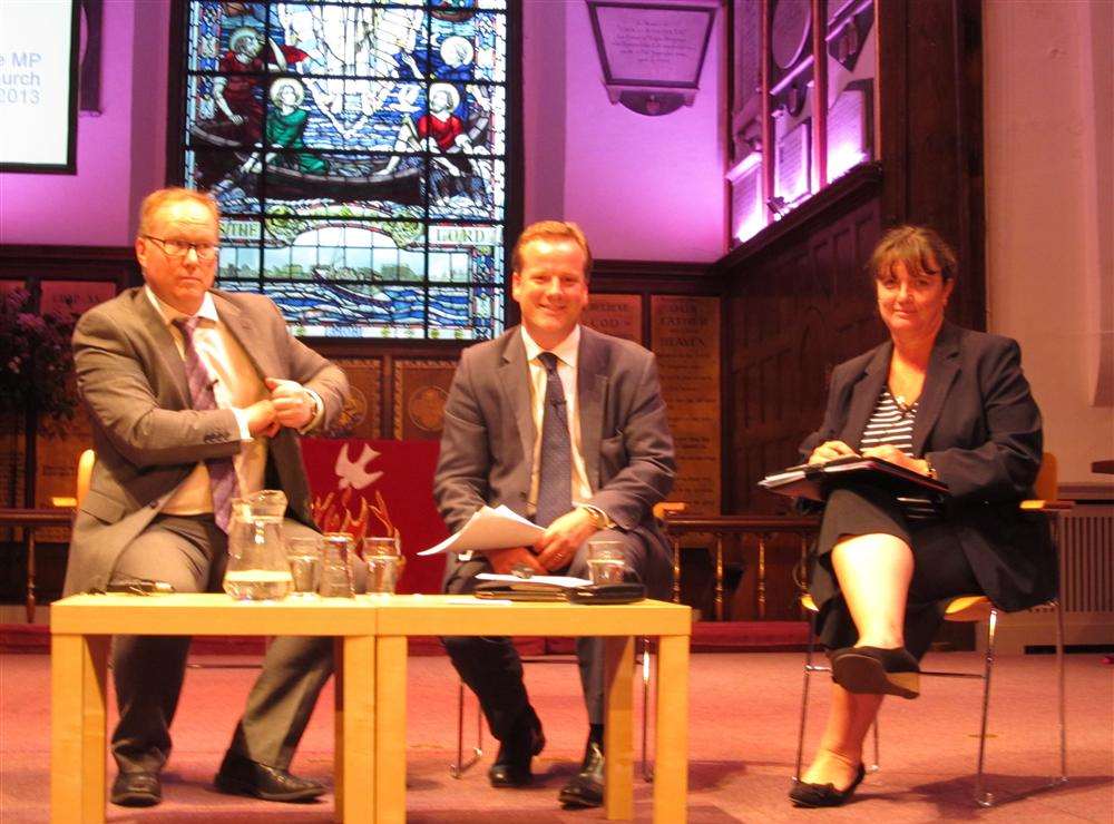 Charlie Elphicke with Darren Cocker, clinical chairman of the South Kent Coast Commission and Nicola Osborne, Kent Community Health Care Trust head of intermediate care services at a previous meeting, held in St George's Church, Deal