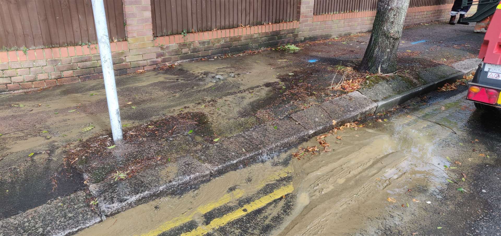 Cherry Garden Lane is partially flooded due to a leak