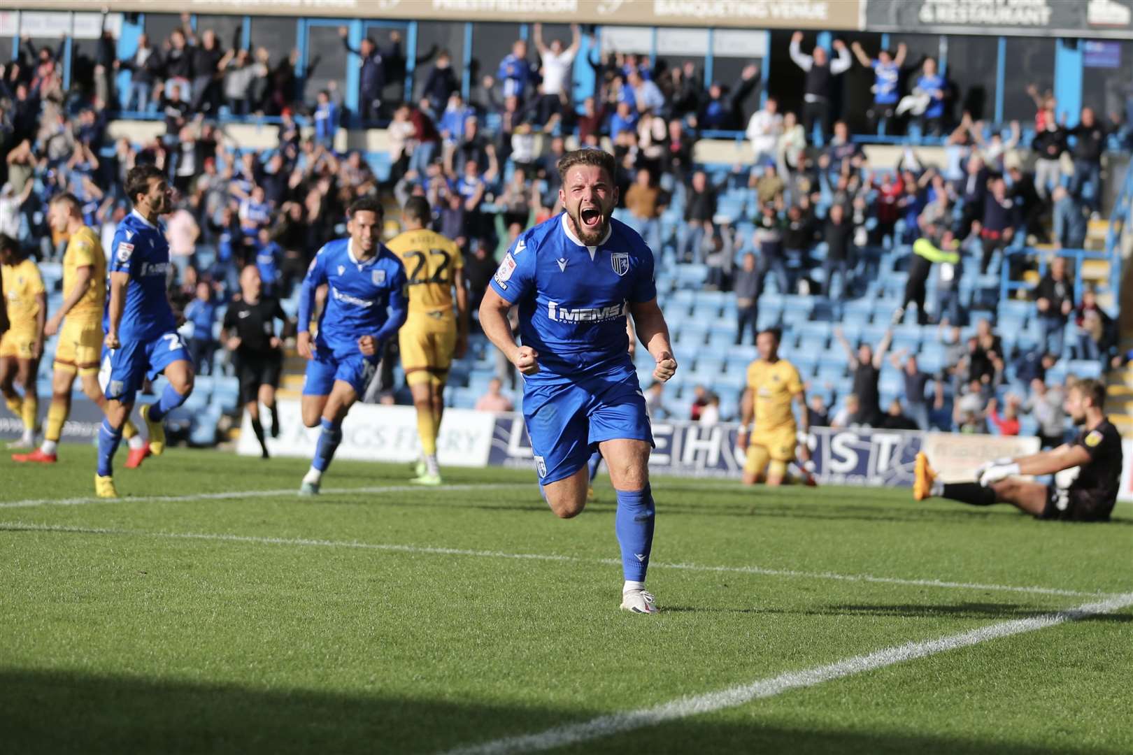 Alex MacDonald celebrates his winning goal for Gillingham Picture: KPI (59696747)