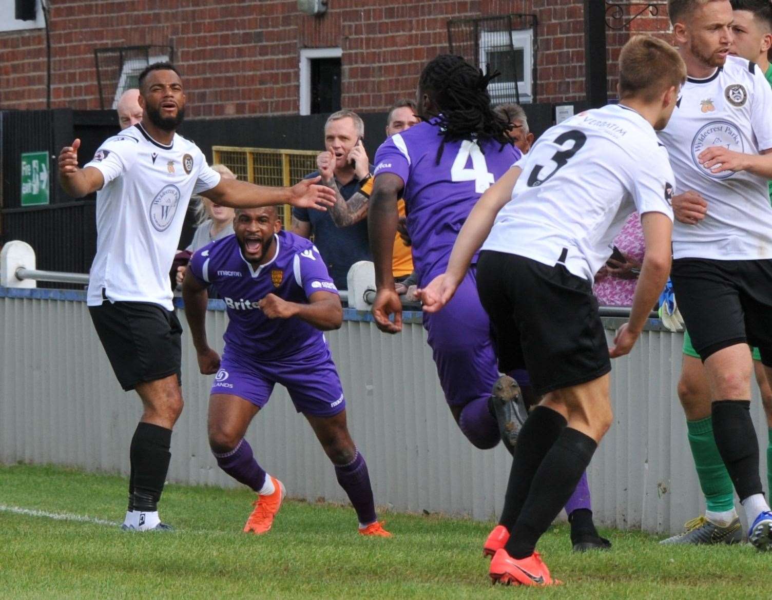 Clovis Kamdjo wheels away after putting Maidstone 3-1 up at Hungerford Picture: Steve Terrell