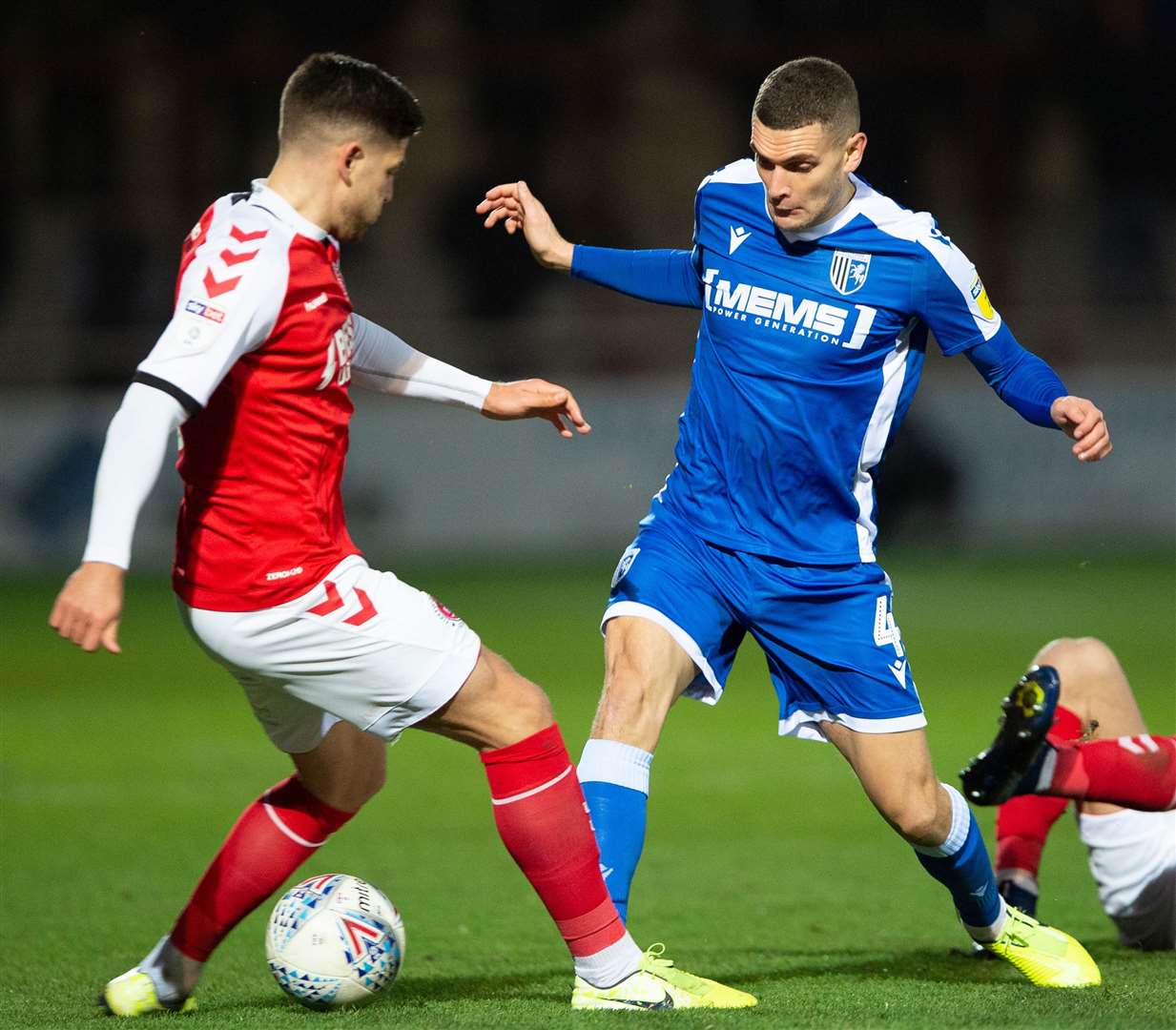 Gillingham's Stuart O’Keefe challenges for the ball in midfield at Fleetwood on Saturday Picture: Ady Kerry