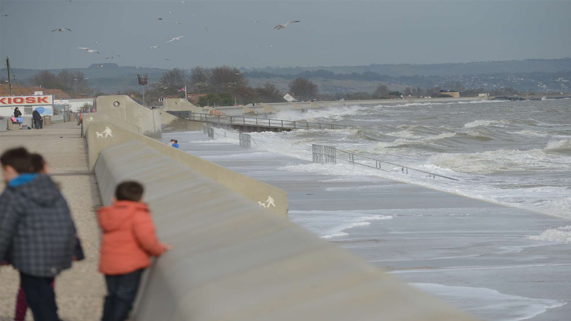 Rough seas breaking against the sea wall at Dymchurch