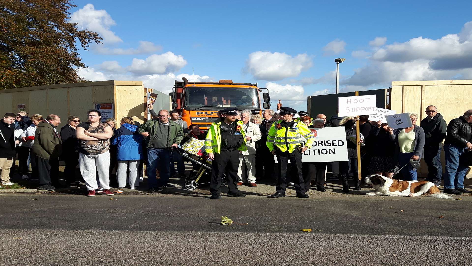 Demonstrators outside the site of the former Battle of Britain pub, Coldharbour Road, Northfleet.