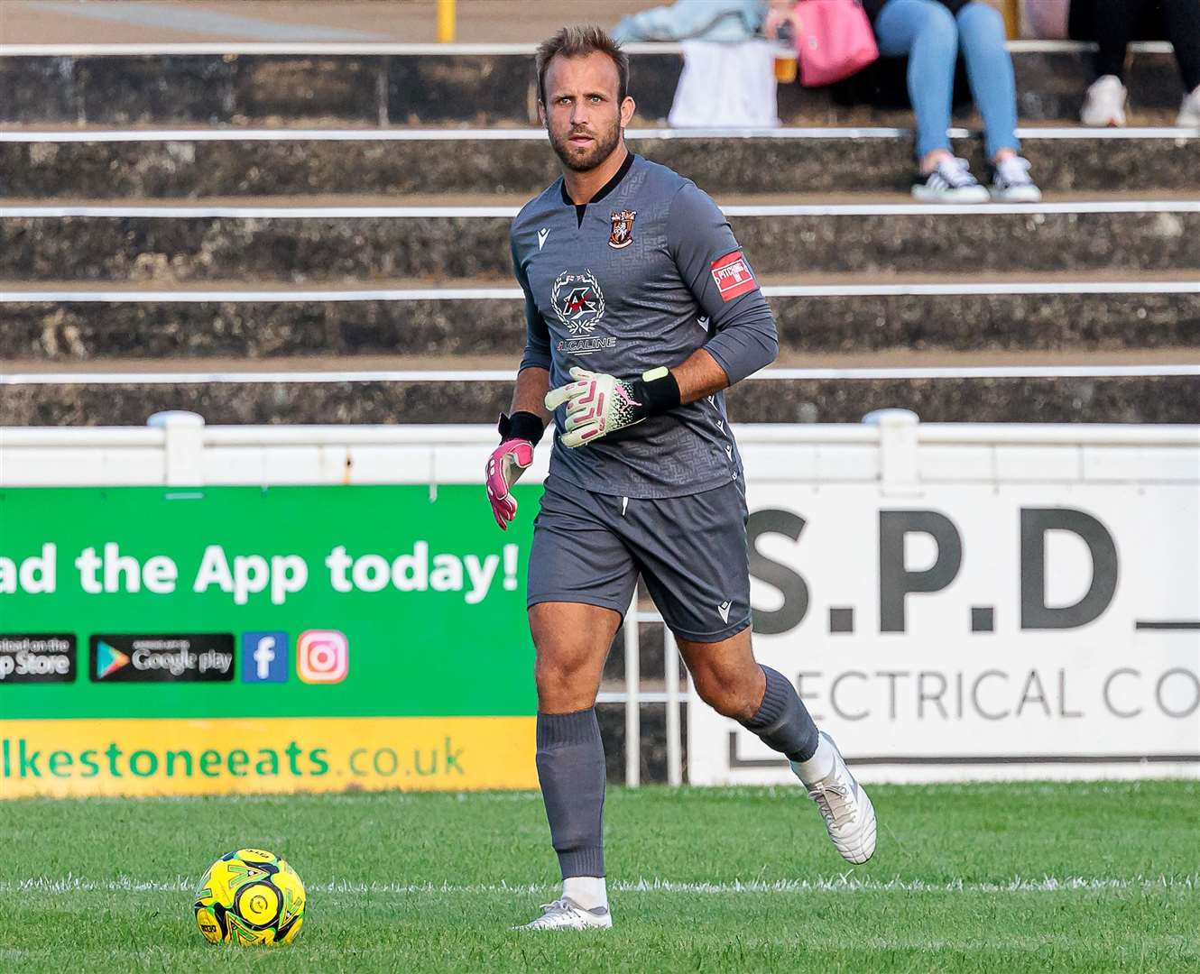 Folkestone keeper Jonny Henly looks for options at Cheriton Road against Deal. Picture: Helen Cooper