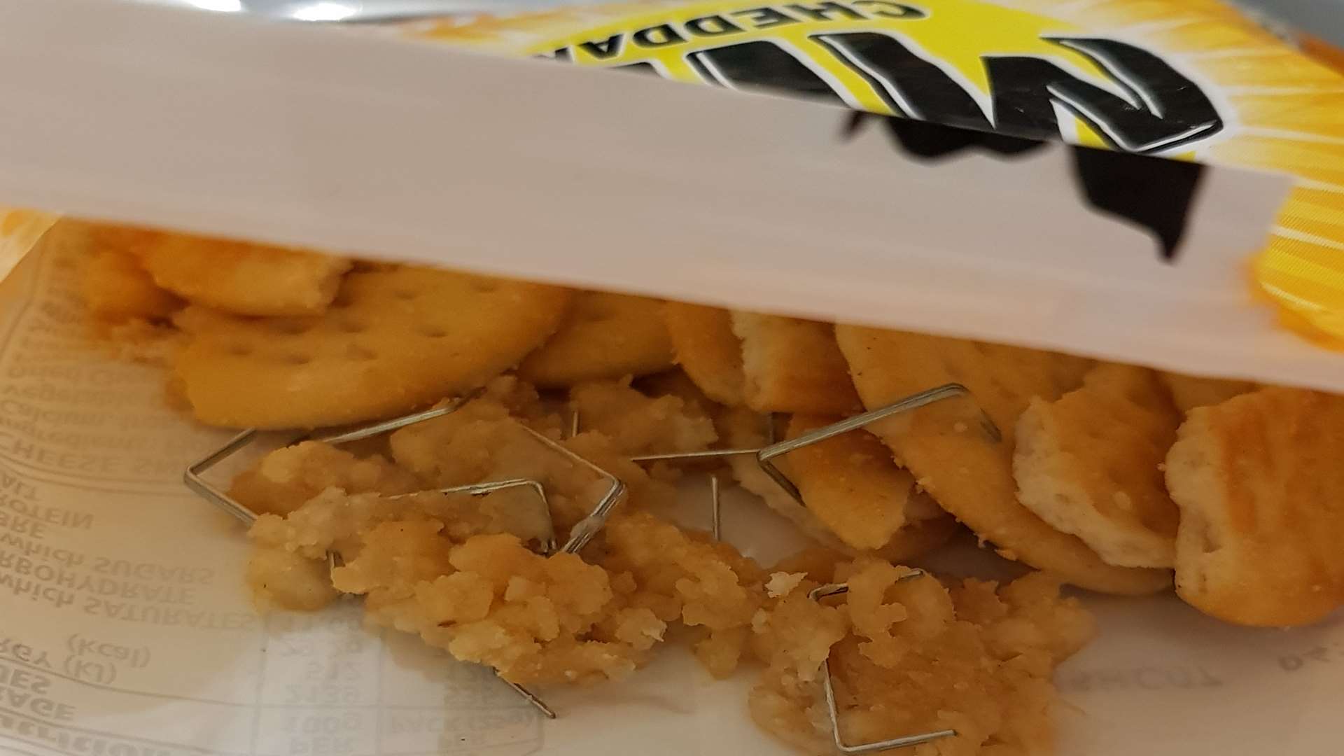 Belinda found at least eight staples in the Mini Cheddars (image: Belinda Simpson)