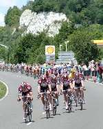 The cyclists speed down Blue Bell Hill between the Medway Towns and Maidstone. Picture: BARRY HOLLIS