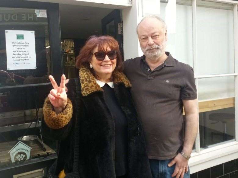 Whitstable Pearl author Julie Wassmer with Steve Jones of Whitstable Produce Store